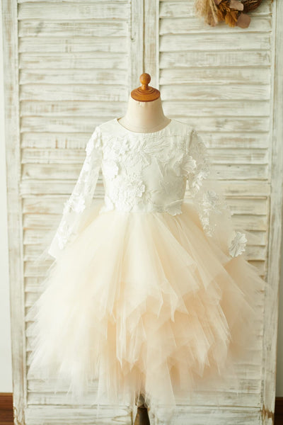 Ivory Lace Champagne Tulle Long Sleeves Wedding Flower Girl