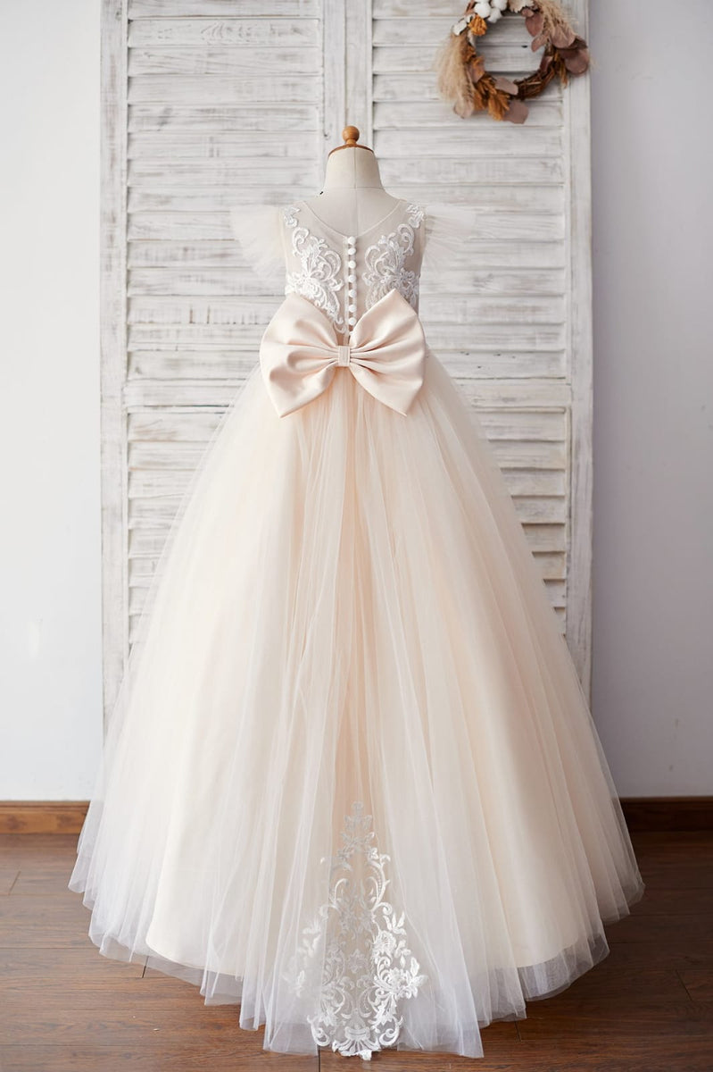 Halter Neckline Ivory Lace Pink Tulle Sheer Back Wedding Flower Girl Dress