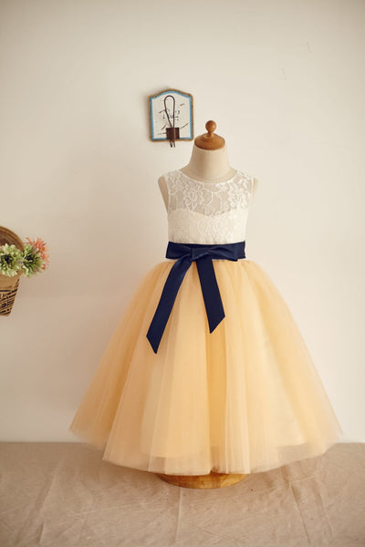 Ivory Lace Champagne Tulle Wedding Flower Girl Dress with 