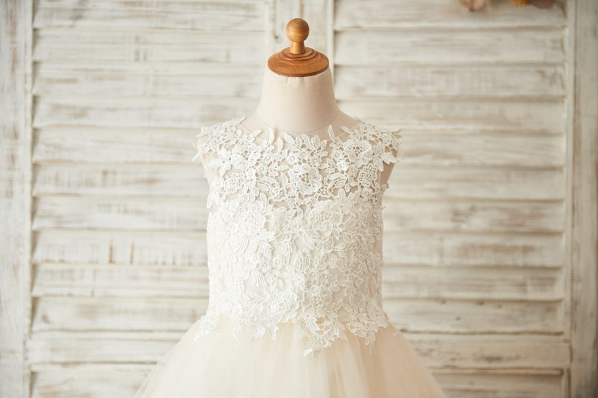 Ivory Lace Champagne Tulle Short Knee Length Wedding Flower Girl Dress