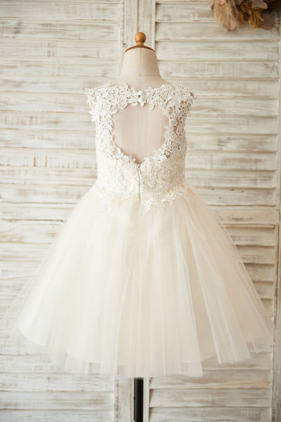 Ivory Lace Champagne Tulle Wedding Flower Girl Dress with 