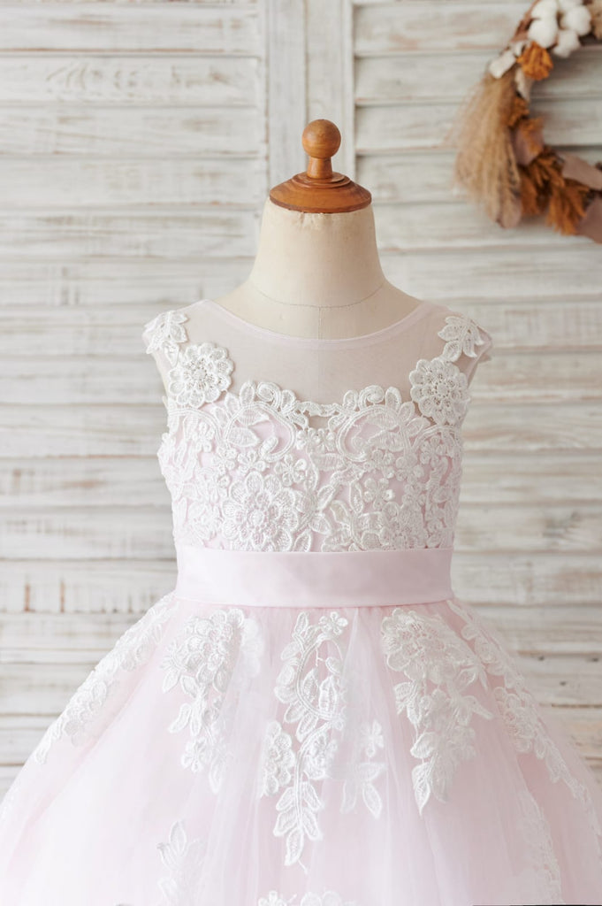 Ivory Lace Champagne Tulle Wedding Party Flower Girl Dress