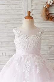 Ivory Lace Champagne Tulle Wedding Party Flower Girl Dress