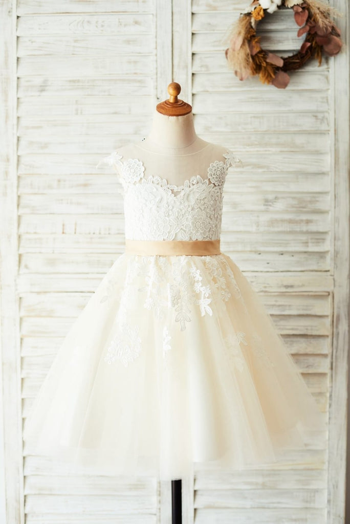 Ivory Lace Champagne Tulle Wedding Party Flower Girl Dress