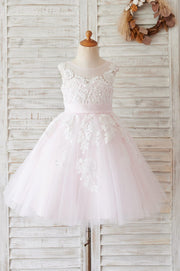Ivory Lace Champagne Tulle Wedding Party Flower Girl Dress