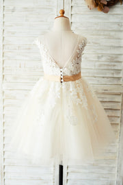 Ivory Lace Champagne Tulle Wedding Party Flower Girl Dress