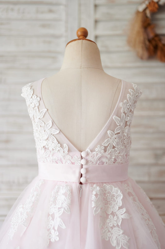 Ivory Lace Champagne Tulle Wedding Party Flower Girl Dress