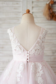 Ivory Lace Champagne Tulle Wedding Party Flower Girl Dress