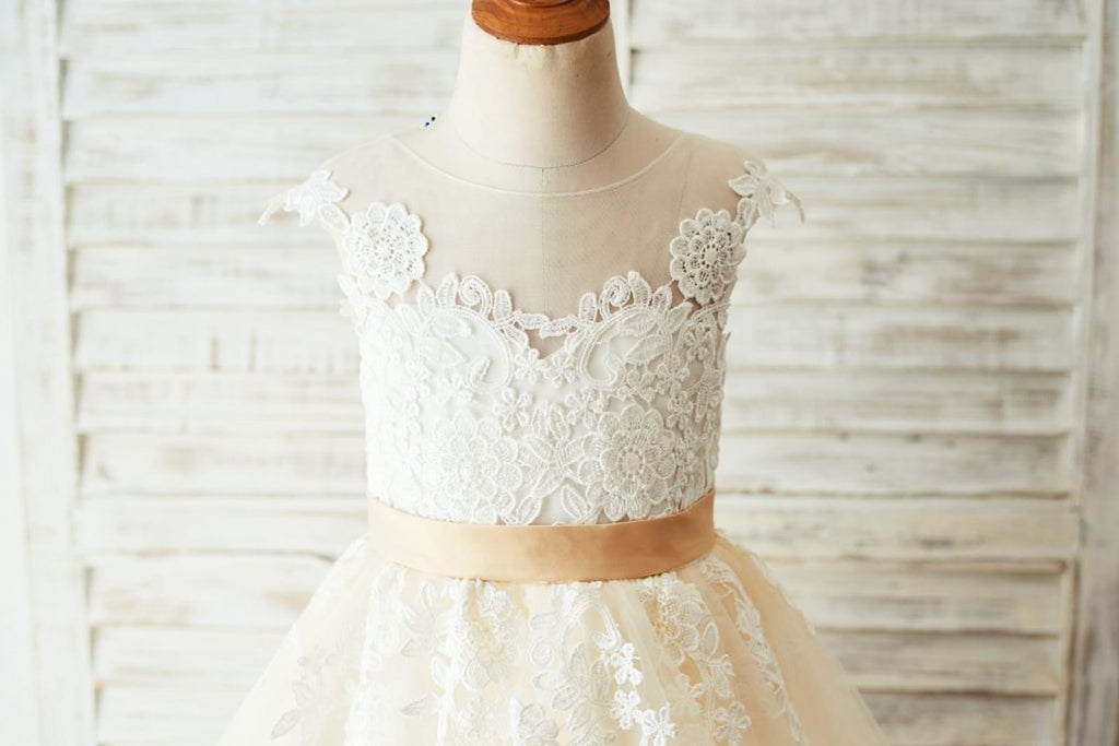 Ivory Lace Champagne Tulle Wedding Party Flower Girl Dress