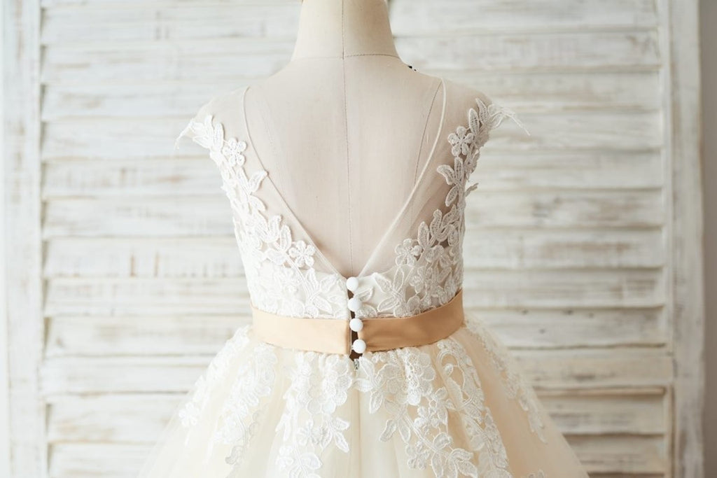 Ivory Lace Champagne Tulle Wedding Party Flower Girl Dress