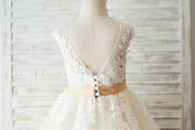 Ivory Lace Champagne Tulle Wedding Party Flower Girl Dress