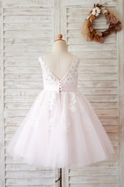 Ivory Lace Champagne Tulle Wedding Party Flower Girl Dress