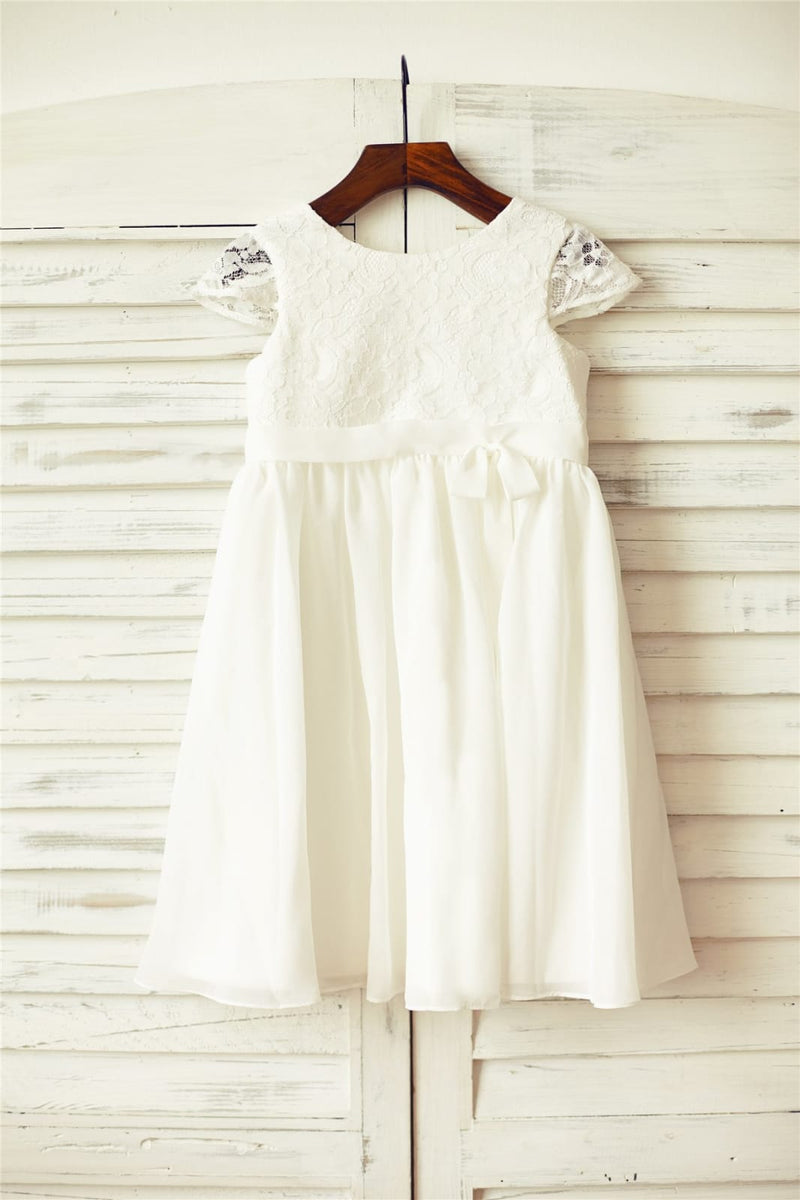 Cap Sleeves Ivory Flower Girl Dress with Pearls