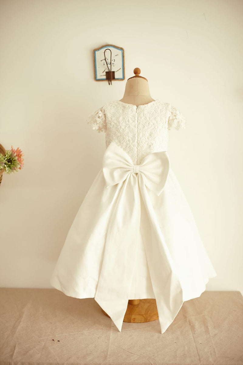 Ivory Beaded Lace Cap Sleeves Flower Girl Dress