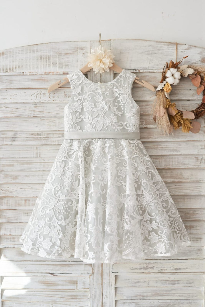 Illusion Lace Top Flower Girl Dress with Bow Sweep Train Silver