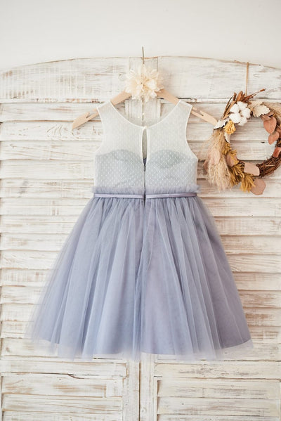 Ivory Lace Gray Tulle Sheer Back Wedding Flower Girl Dress
