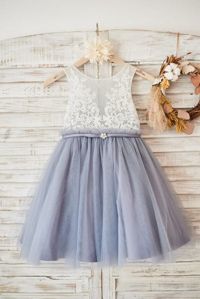 Ivory Lace Gray Tulle Sheer Back Wedding Flower Girl Dress