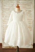 Robe de fille de fleur de mariage à manches longues en dentelle ivoire, col perlé