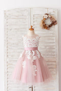 Elfenbein Spitze Mauve / Silbergrau Tüll V Rücken Hochzeit Blumenmädchenkleid