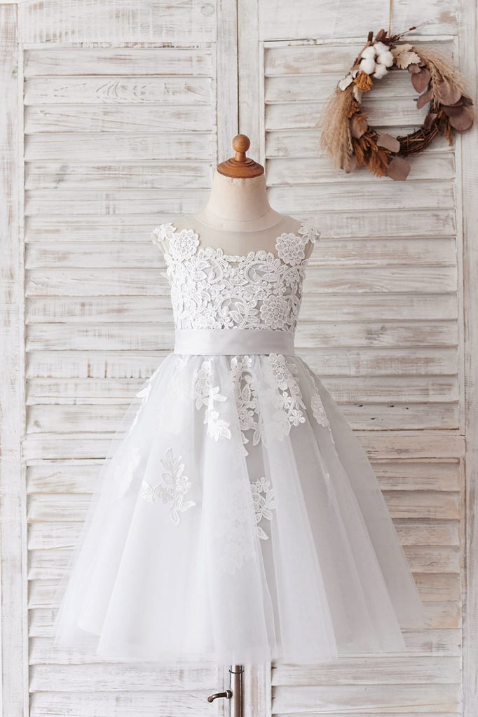 Ivory Lace Mauve / Silver Gray Tulle Wedding Flower Girl