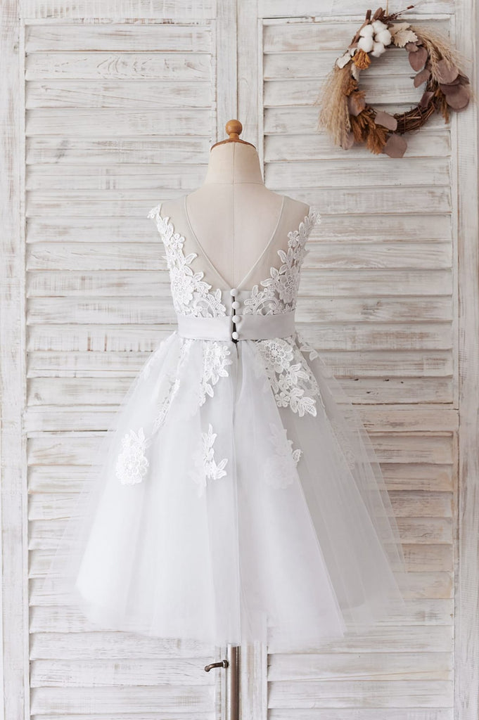 Ivory Lace Mauve / Silver Gray Tulle Wedding Flower Girl