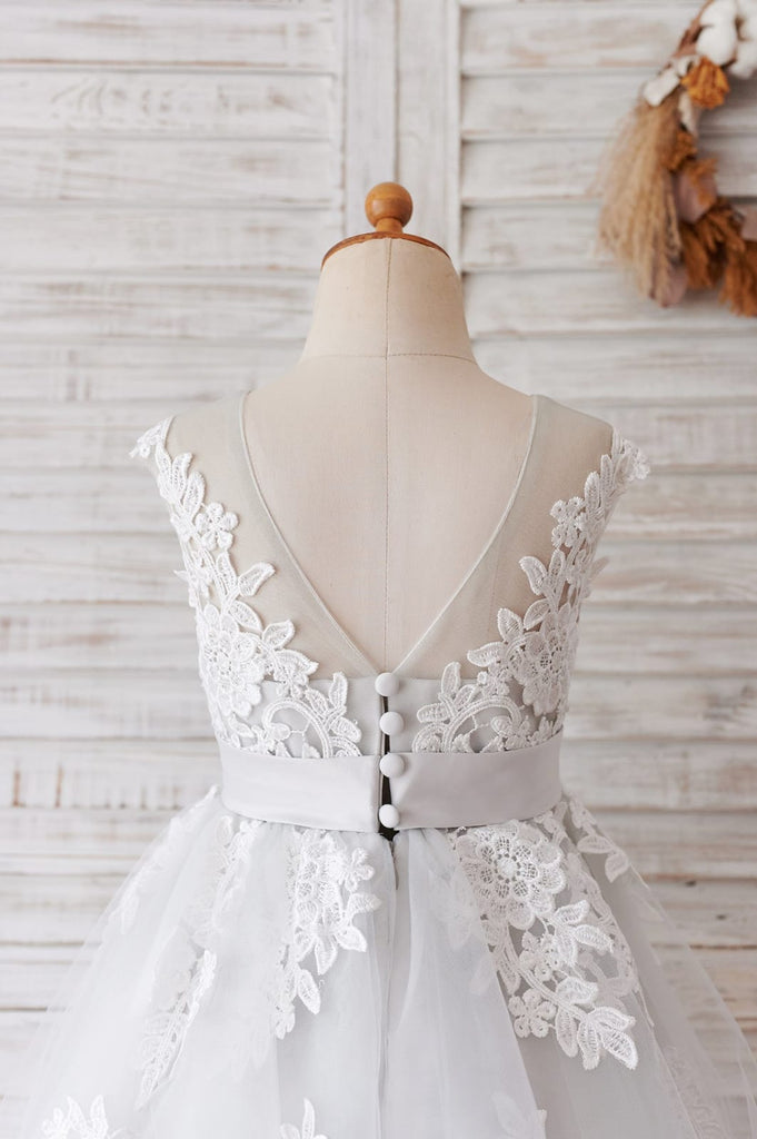 Ivory Lace Mauve / Silver Gray Tulle Wedding Flower Girl