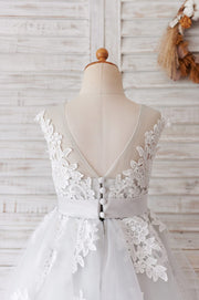 Ivory Lace Mauve / Silver Gray Tulle Wedding Flower Girl