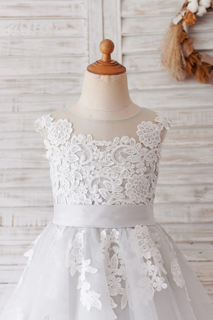 Ivory Lace Mauve / Silver Gray Tulle Wedding Flower Girl