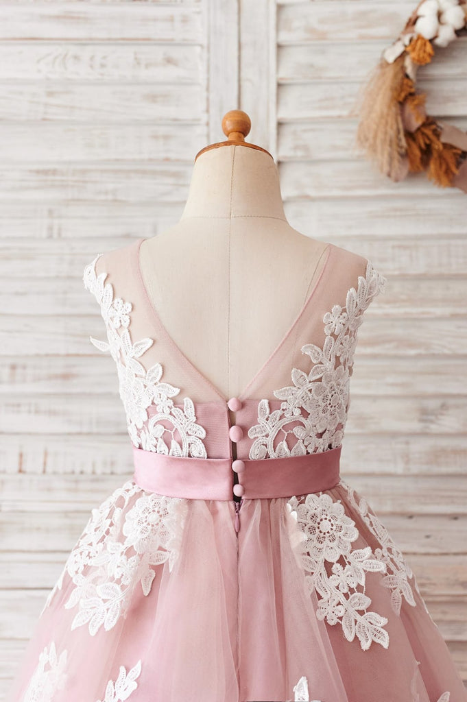 Ivory Lace Mauve / Silver Gray Tulle Wedding Flower Girl