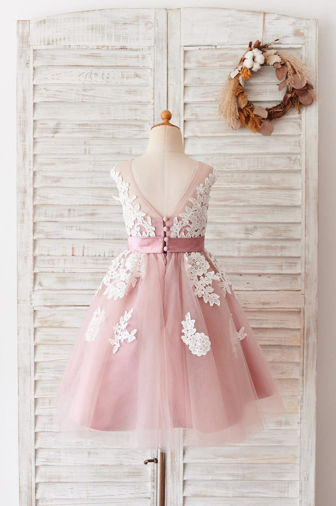 Ivory Lace Mauve / Silver Gray Tulle Wedding Flower Girl