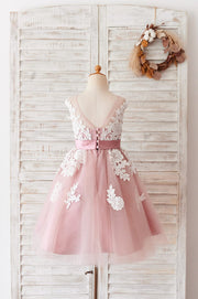 Ivory Lace Mauve / Silver Gray Tulle Wedding Flower Girl