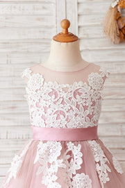 Ivory Lace Mauve / Silver Gray Tulle Wedding Flower Girl