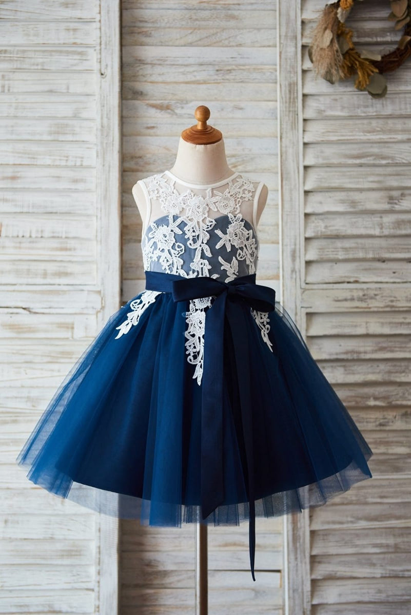 Ivory Lace Navy Blue Tulle V Back Wedding Flower Girl Dress, Sash 4T Ivory Lace Navy Blue Tulle V Back Wedding Flower Girl Dress, Sash 4T