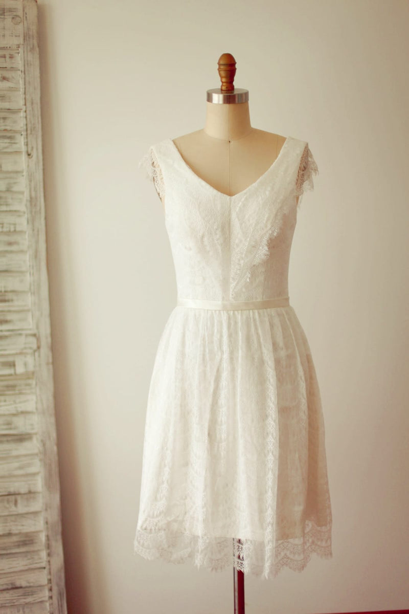 Ivory Lace V Neck Cap Sleeves Short Knee Length Wedding Dress 2, image size:800x1200