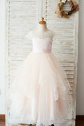 Ivory Lace Pink Tulle Cap Sleeves Wedding Flower Girl Dress, Horsehair Hem