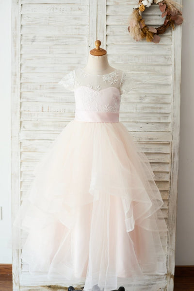 Ivory Lace Pink Tulle Cap Sleeves Wedding Flower Girl Dress