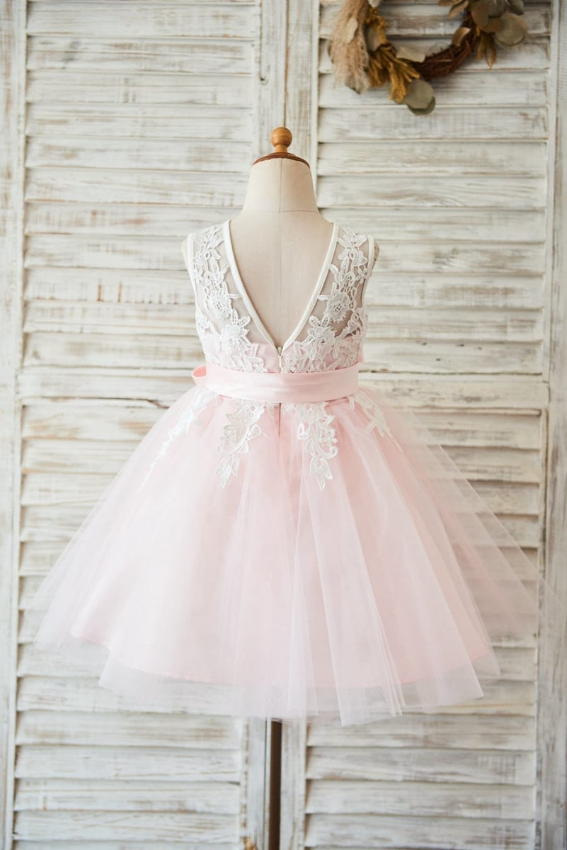 Floral Print Satin Pink Tulle V Back Wedding Flower Girl Dress