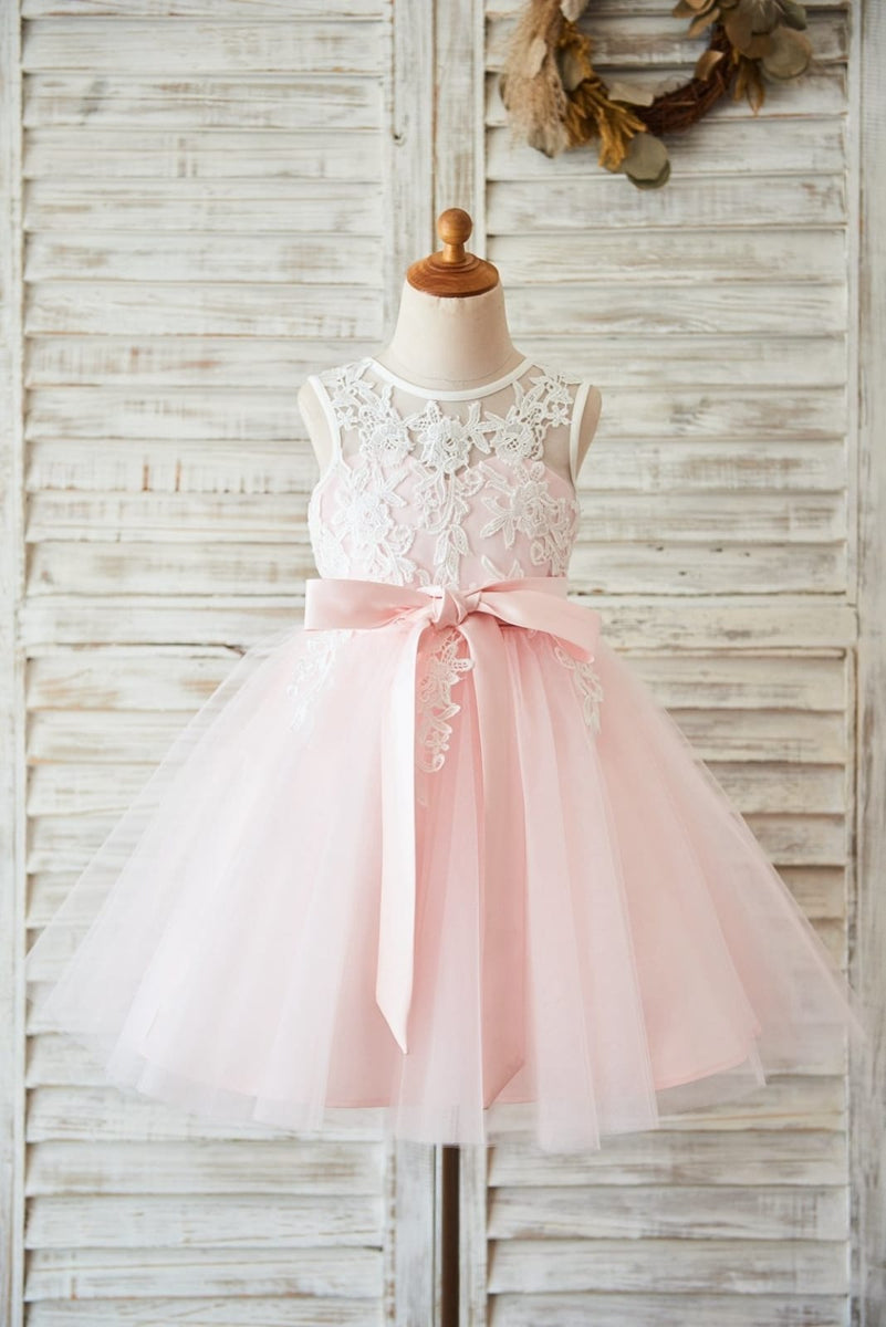 Black Satin Ivory Tulle Wedding Flower Girl Dress, V Back