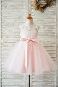 Ivory Lace Pink Tulle Wedding Flower Girl Dress, V Back