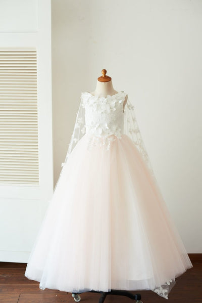Ivory Lace Pink Tulle Wedding Party Flower Girl Dress with