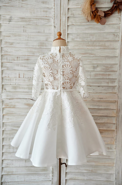 Ivory Lace Satin High Neck Long Sleeves Wedding Flower Girl 