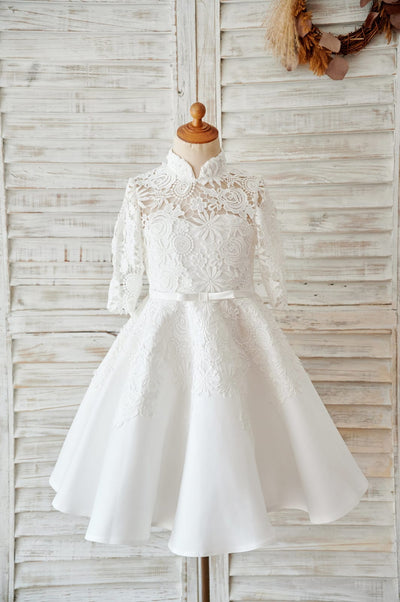Ivory Lace Satin High Neck Long Sleeves Wedding Flower Girl