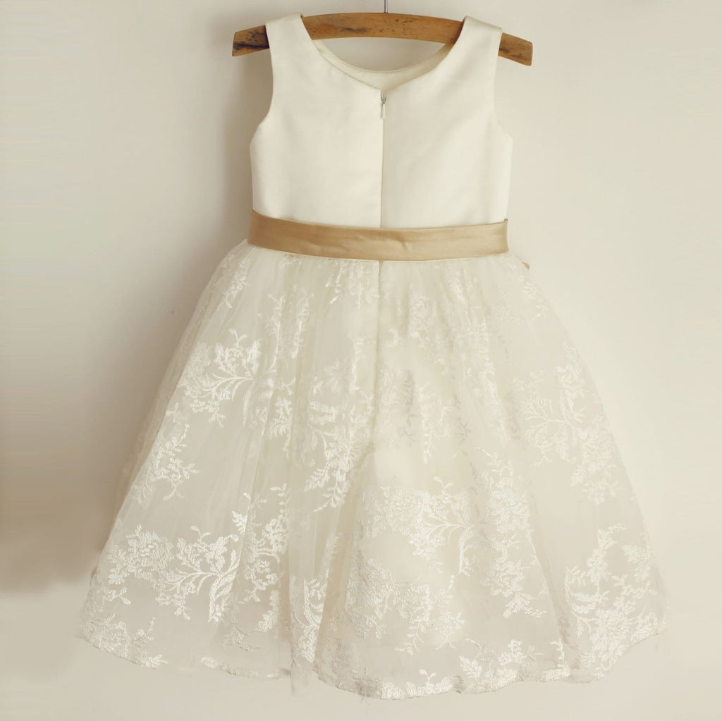 Ivory Lace Satin Wedding Flower Girl Dress with Champagne