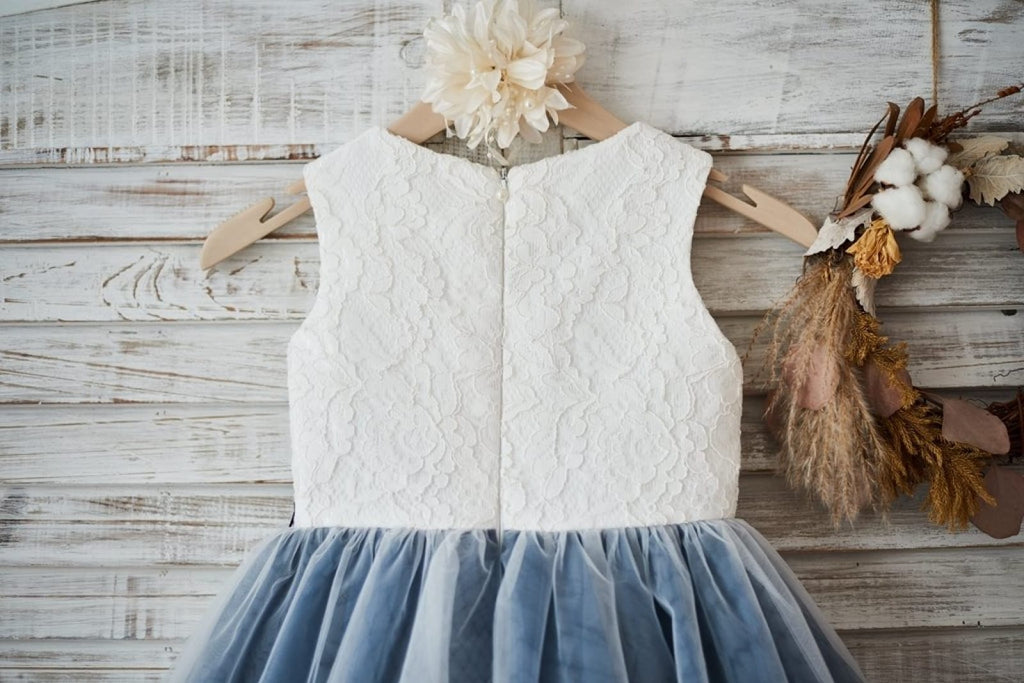 Ivory lace Silver Gray Tulle Wedding Flower Girl Dress with