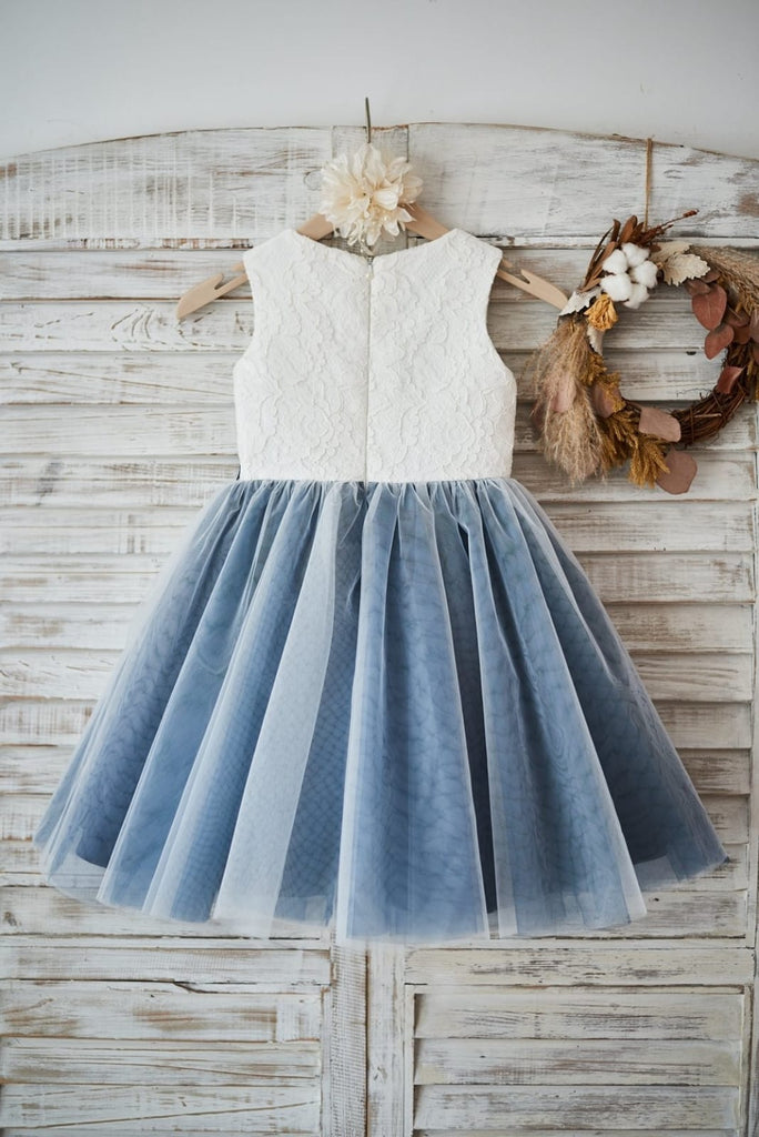 Ivory lace Silver Gray Tulle Wedding Flower Girl Dress with