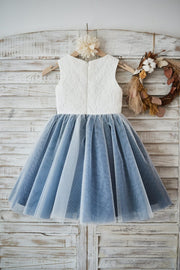 Ivory lace Silver Gray Tulle Wedding Flower Girl Dress with