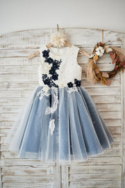 Ivory lace Silver Gray Tulle Wedding Flower Girl Dress with