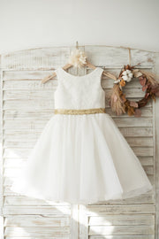 Ivory Lace Tulle V Back Wedding Flower Girl Dress with Gold 