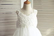 Ivory Lace Tulle V Back Wedding Flower Girl Dress with Big