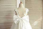 Ivory Lace Tulle V Back Wedding Flower Girl Dress with Big